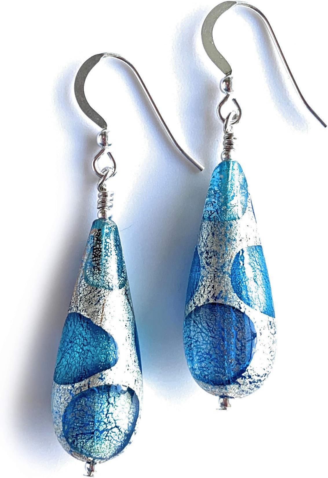 Diana Ingram earrings with shades of blue spots over white gold Murano glass long pear drops on Sterling Silver or 22 Carat gold vermeil hooks
