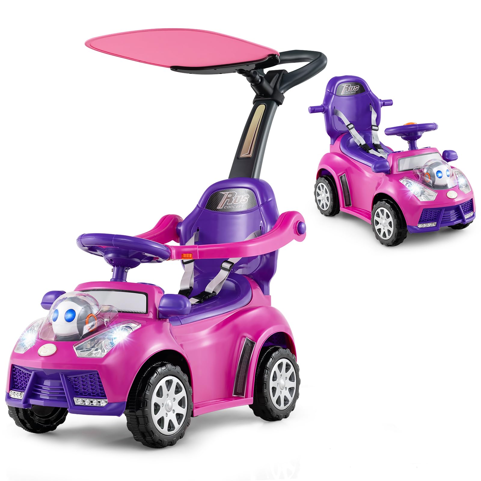 GYMAX 3 in 1 Kids Ride on Push Car, Push Along Car with Handle, Guardrails, Adjustable Canopy, Seat Belt, Music, Horn & Light, Underneath Storage, Toddler Sliding Toy for 1+ Years Old (Pink)