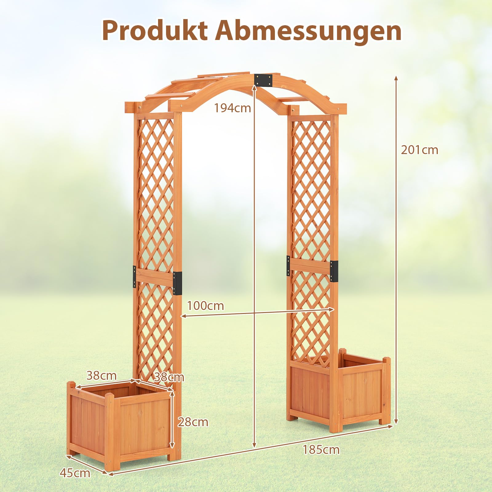 COSTWAY 2 w 1 łuk różany ze skrzynką na kwiaty, łuk ogrodowy, drewniany łuk do roślin pnących, pergola dla roślin pnących, kratka dla roślin pnących, półłuk do ogrodu, na wesele, imprezę, drewno