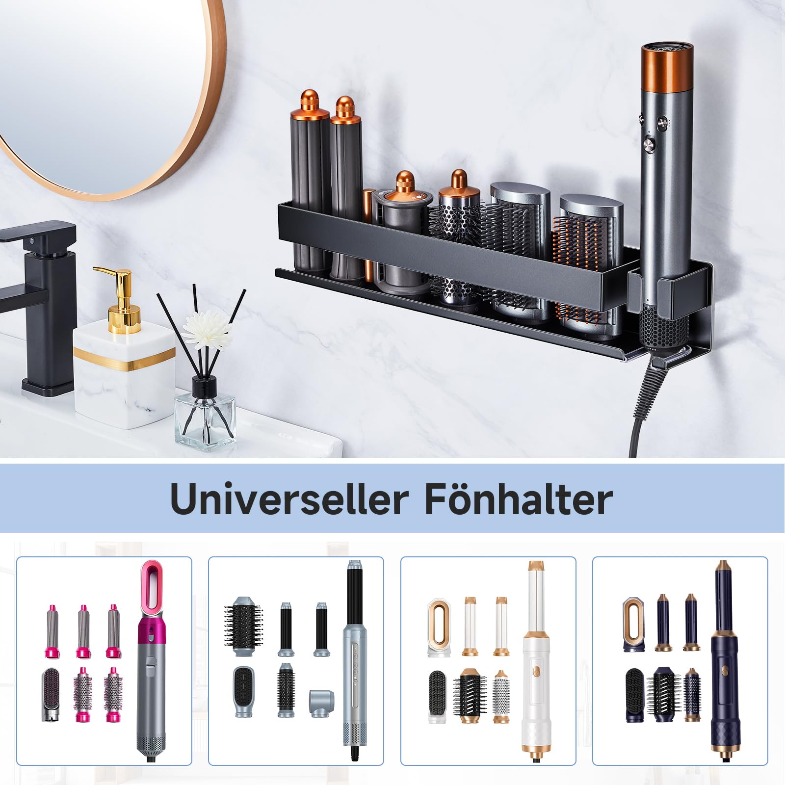 Soporte de Pared para Secador y Planchas, Soporte Pared Secador Pelo, Soporte Plancha Pelo, Organizador sin Taladrar para Planchas de Rizo, Cepillo de Aire y Accesorios de Maquillaje en baño (Plata)