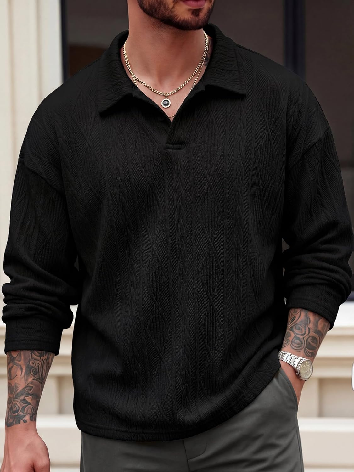 Mens Knit Polo Shirt Short Sleeve Textured Jacquard Open Collar Old Money Style Summer Casual Beach Stretchy Golf Shirts