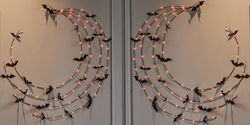 Miniatura 13 de Hairui - Guirnalda de Halloween con luces, 120 luces de hadas bicolor naranja y morado, 8 funciones, guirnalda negra iluminada de 6 pies, funciona