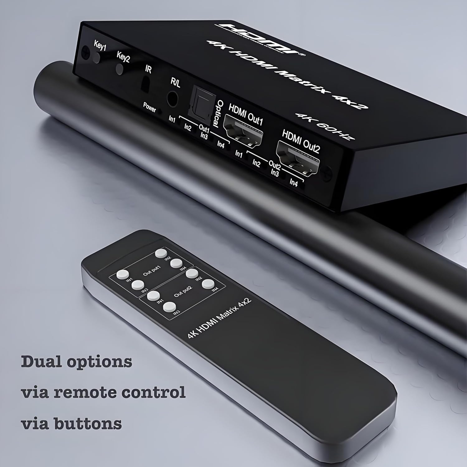 4K 4x2 HDMI Matrix Switch with 3.5mm Stereo Audio Extractor and Audio Optic Output, 4 in 2 Out Video Switcher&Splitter, Support HDMI 2.0 4K@60Hz