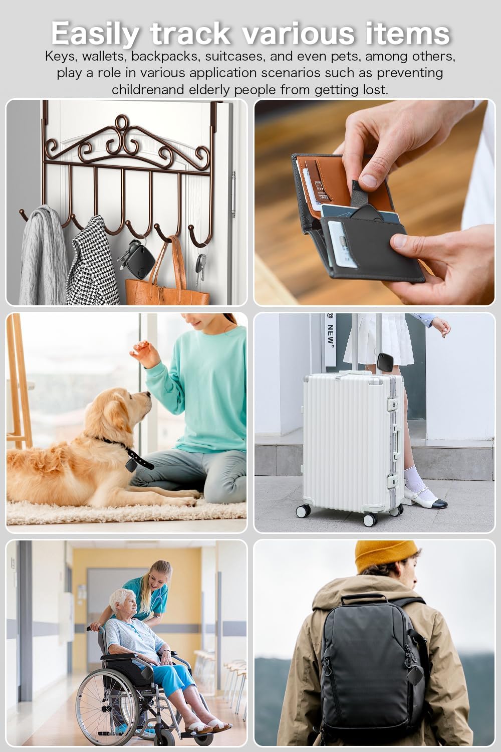 An iPhone displaying a 'SmartTrack 01' notification indicating an item has moved away, with a person looking back as if having forgotten something.