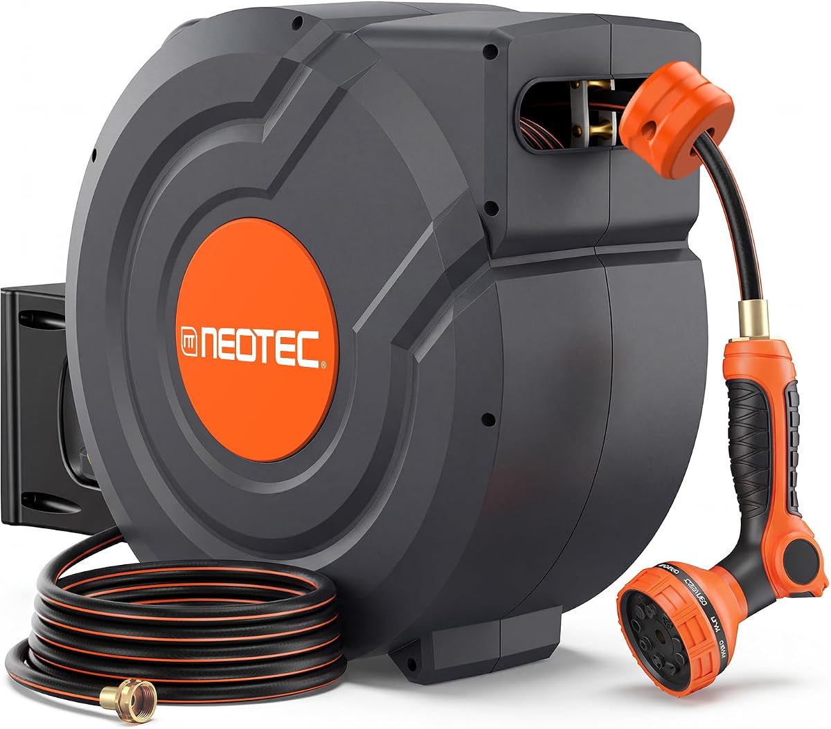 Upgraded Retractable Garden Hose Reel 5/8 inch x 100 ft Wall-Mounted 9 Pattern Nozzle Any Length Lock Automatic Slow Return 180° Swivel UV Resistant Heavy Duty Hose Reels for Outside