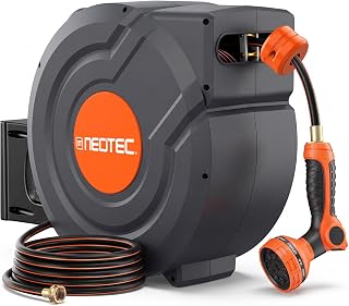 Upgraded Retractable Garden Hose Reel 5/8 inch x 100 ft Wall-Mounted 9 Pattern Nozzle Any Length Lock Automatic Slow Return 180° Swivel UV Resistant Heavy Duty Hose Reels for Outside