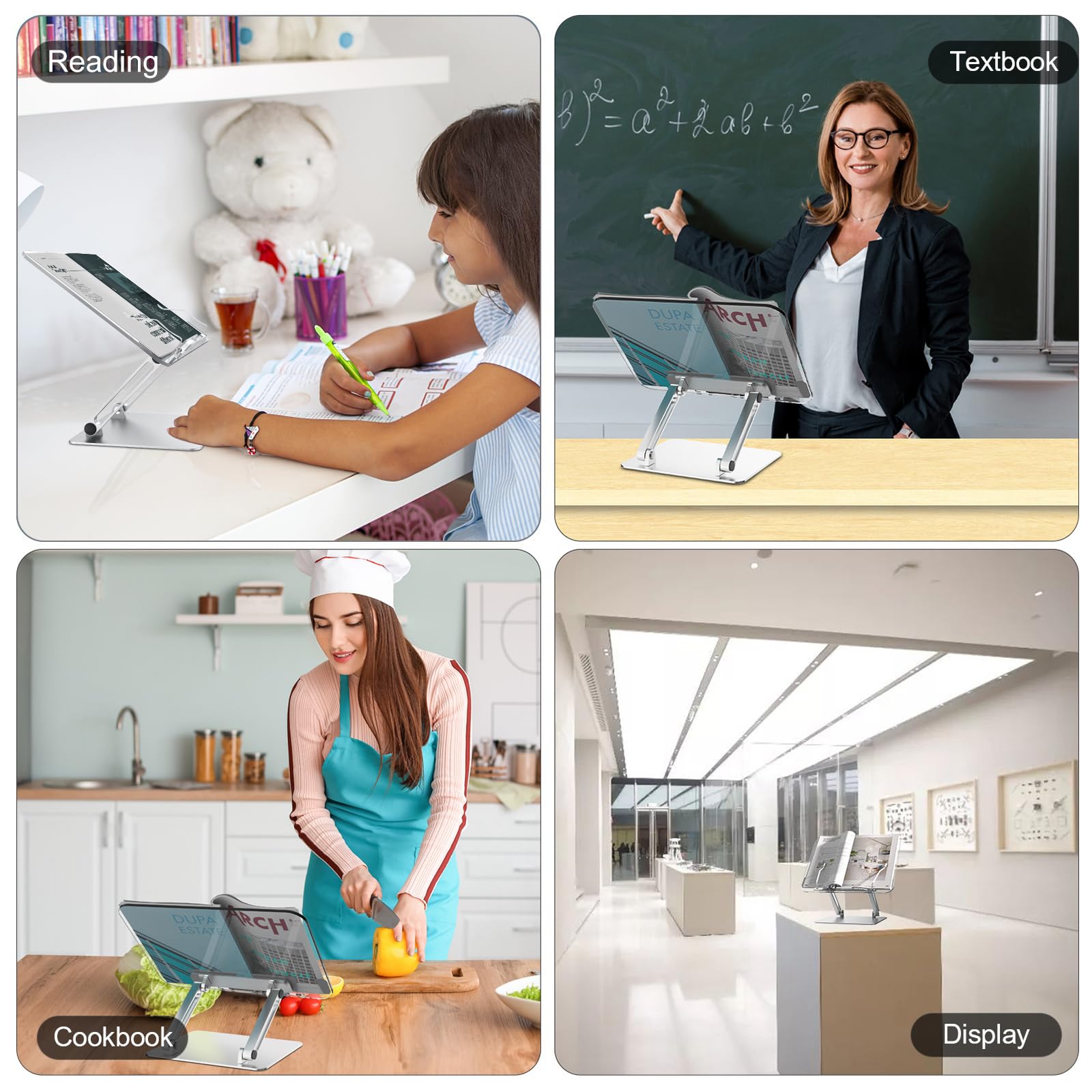 Buchständer, Aluminium und Acryl Kochbuch Schreibtisch Leseständer, Verstellbar & Faltbar Buchhalter, auch kompatibel mit Laptops und Tablets