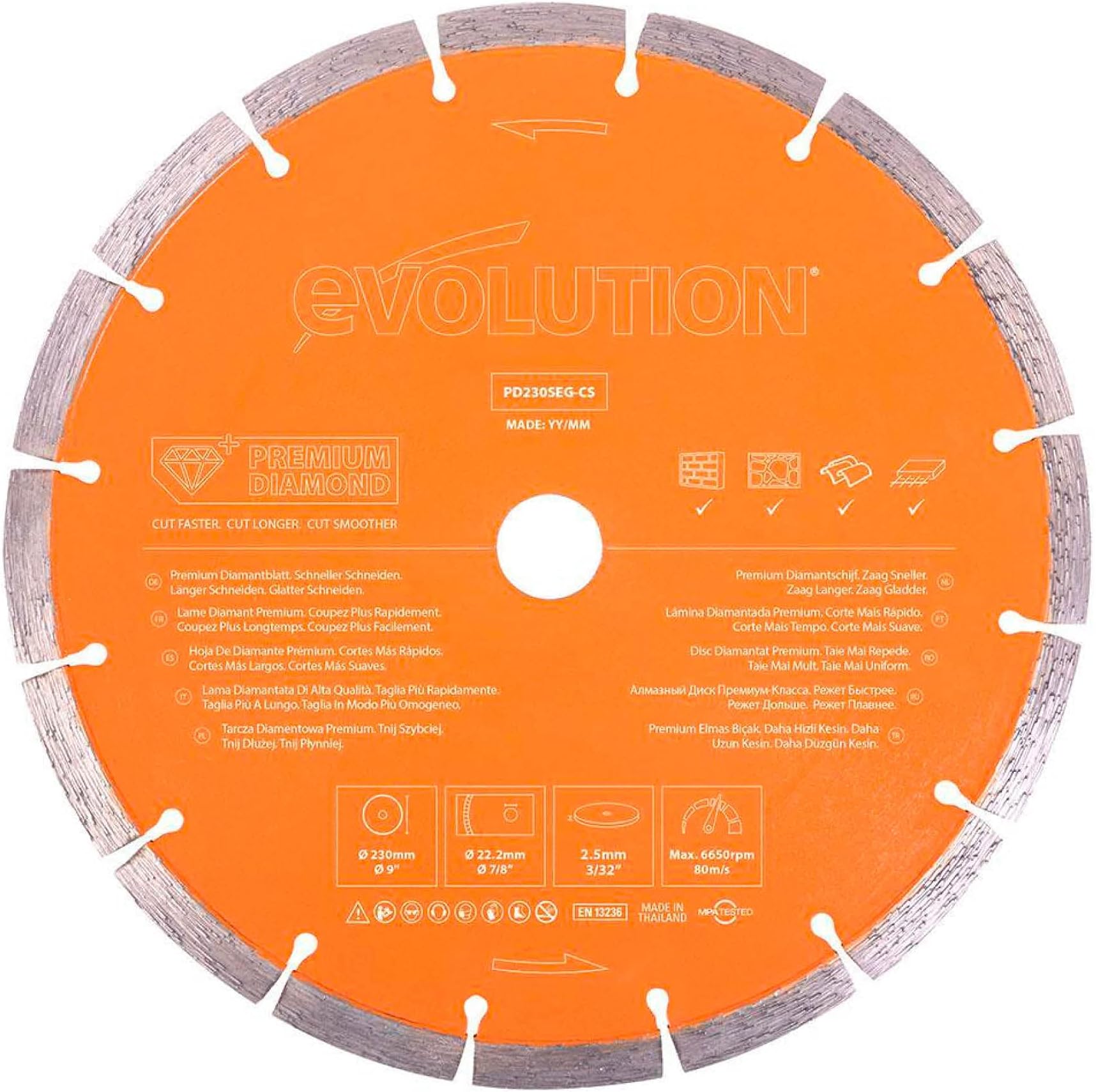 Evolution Power Tools PD230SEG-CS 230 mm Premium Multi Material Diamond Blade For Disc Cutters, Longer Blade Life - Ideal for Cutting Brick, Roof Tile, Paving, Reinforced Concrete and More