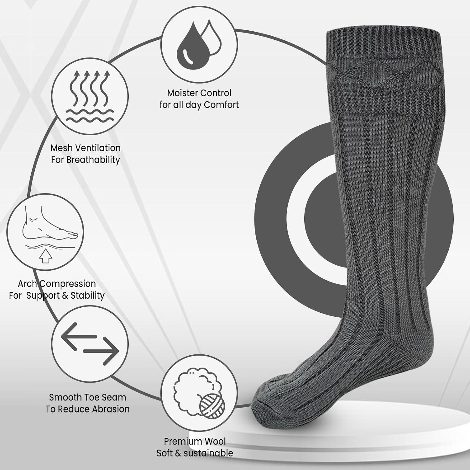 Scottish Highland Kilt Hose for Men, Ribbed Socks for USA Shoe Sizes, Wool Blend