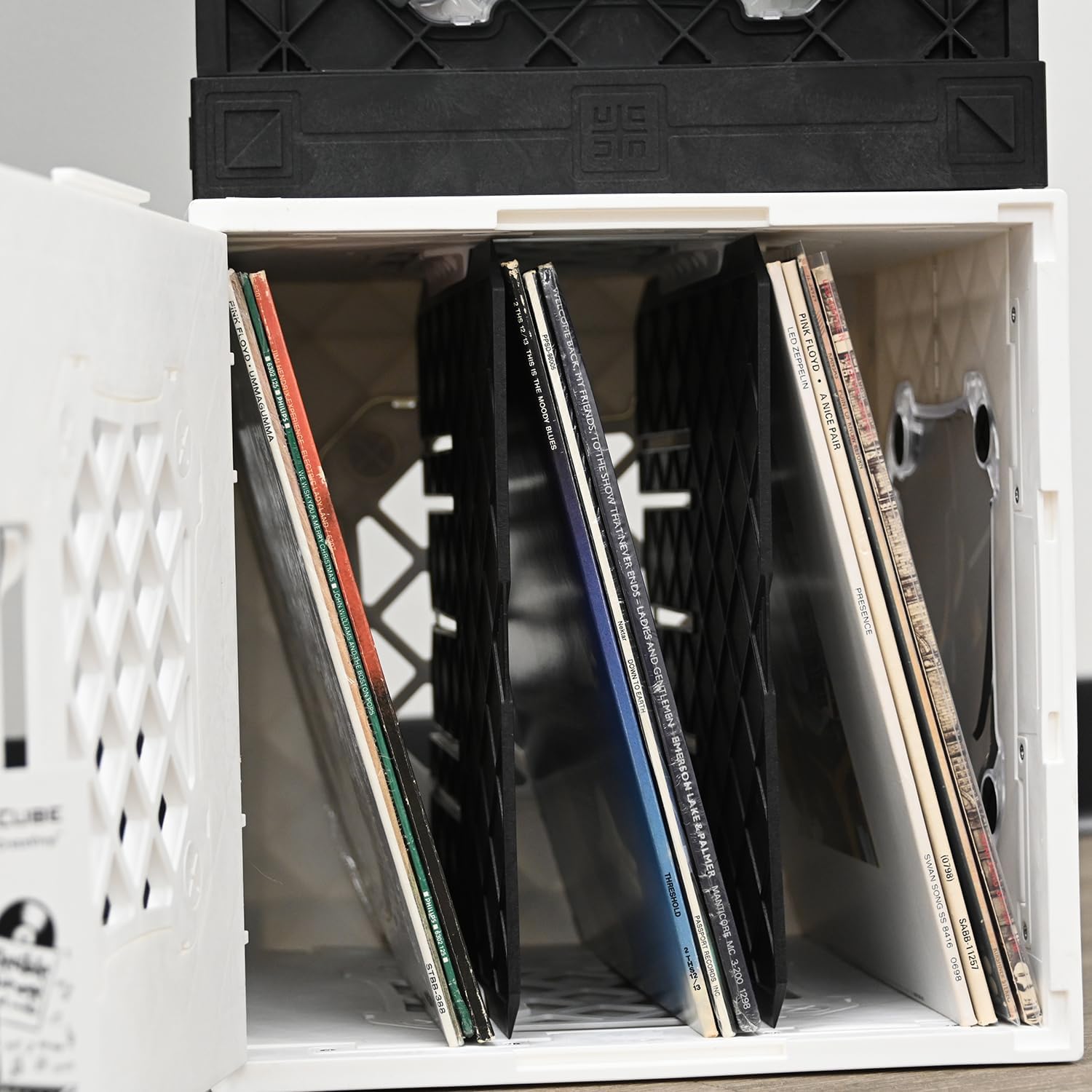 CrateVinyl - Vinyl Record Storage Crate Modular Storage Cube for LP Albums with Divider and 2 Clear Panels (White crate - Clear panels)