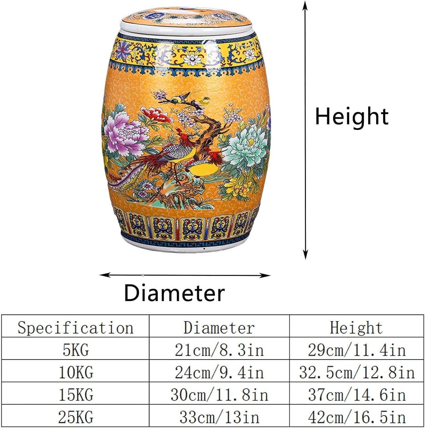 ELEFOCUS Cereals Grains Sealed Jar，Chinese Sealed Large-capacity Rice Jar，Chinese Sealed Ceramic Rice Storage Container with Lid(E,15KG)