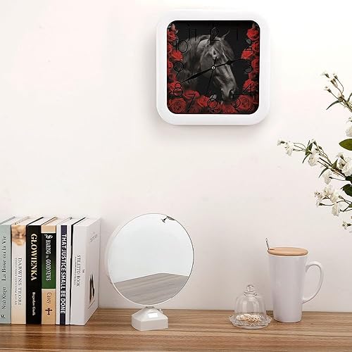Miniatura 4 de Reloj de pared cuadrado moderno de 10 pulgadas, con estampado de caballo rojo y negro, funciona con pilas, silencioso sin tictac, único y divertido,