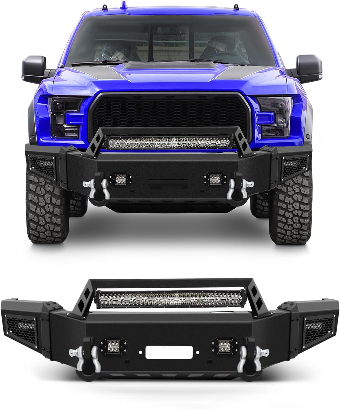 SCITOO Heavy Duty Steel Front Bumper fit for 2018-2020 for Ford for F-150 Texture Black Bumper,with Red D-ring and LED Lights