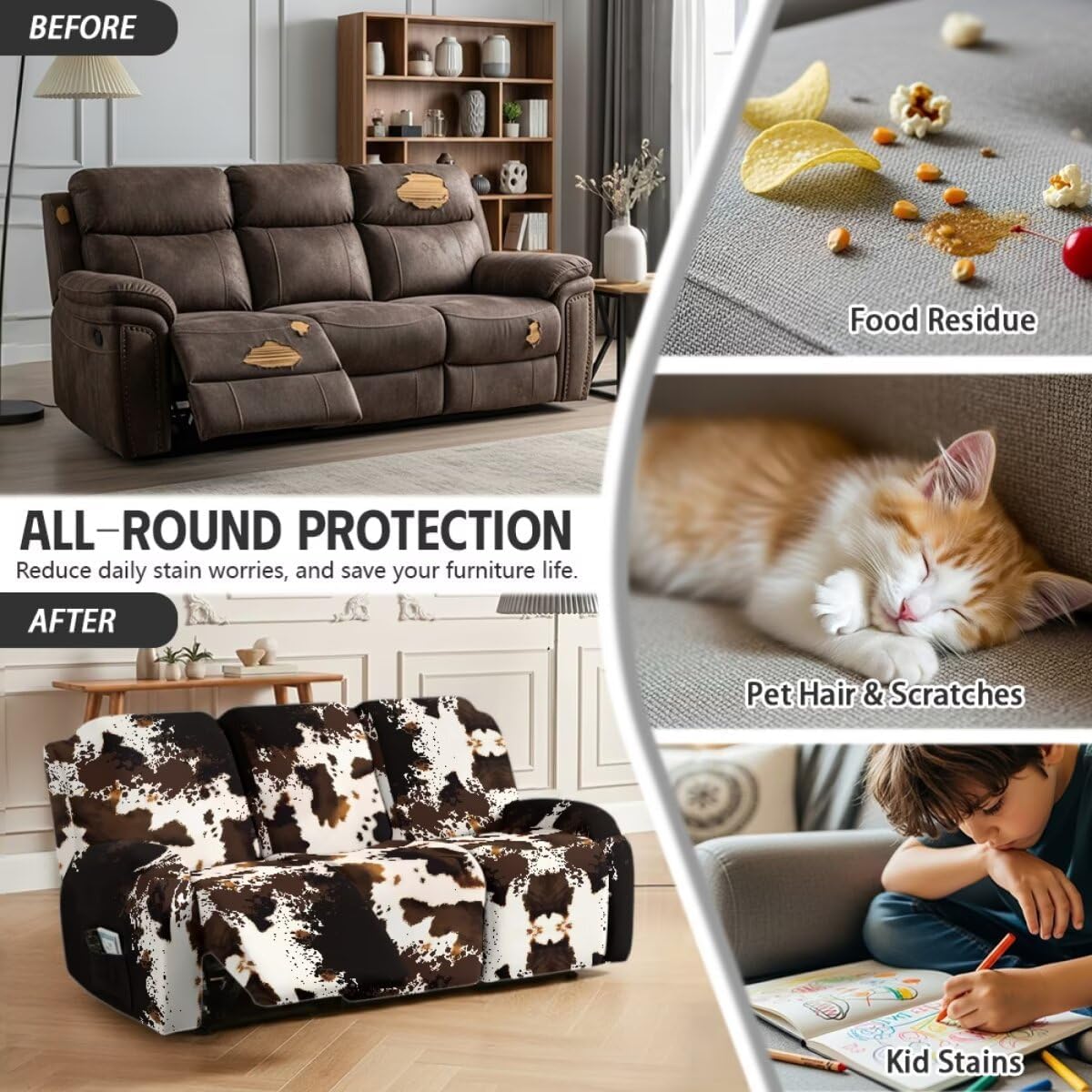 Cow Print 8 Pieces Recliner Sofa Covers Reclining Couch Covers 3 Seat with Storage Pockets Washable Furniture Protector for Pet Kid