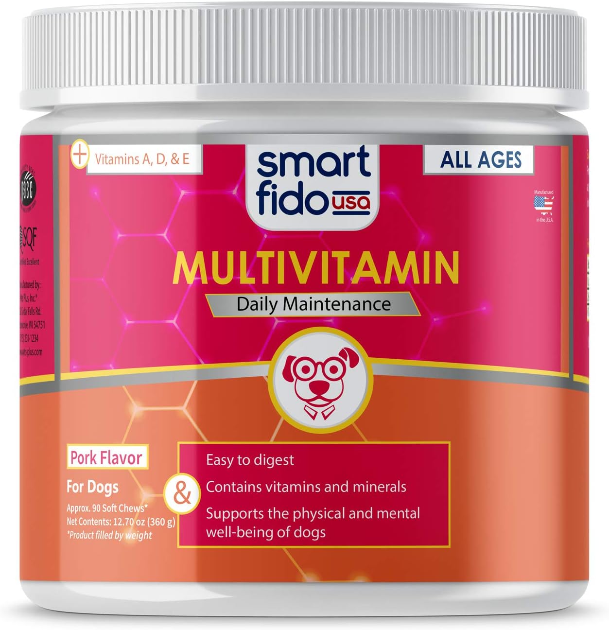 Multivitamin 90 Ct Soft Chews for Dogs – Packed with Vitamins A, D & E for Daily Support & Overall Health & Well-Being, in A Scrumptious Pork Flavor, for All Ages