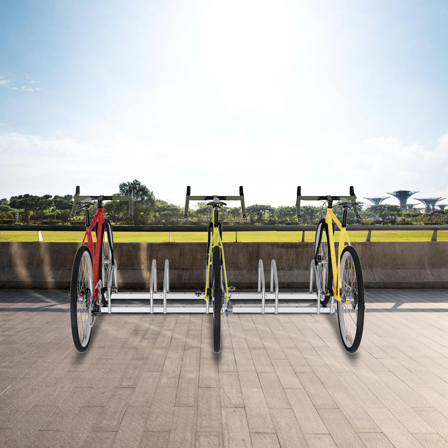 Râtelier à vélo pour 5 vélos Largeur de pneu 35-55 mm Support de vélo Montage facile Acier galvanisé 130 x 32 x 26 cm Argenté