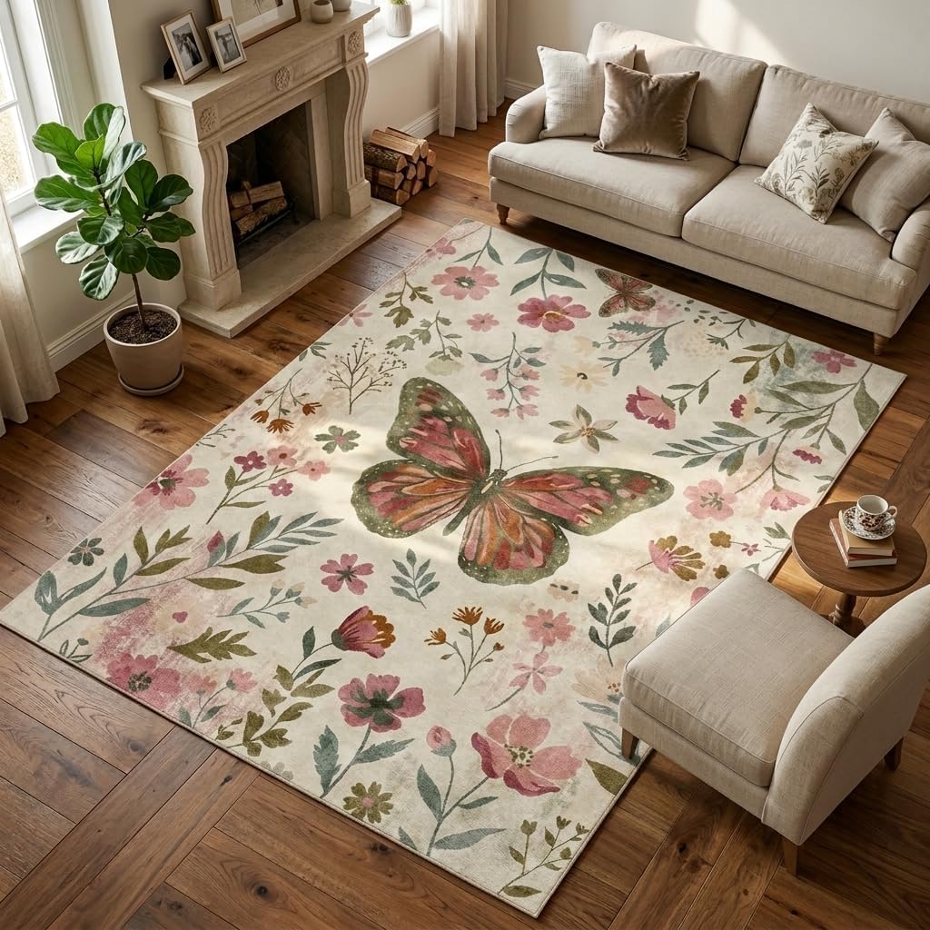 5X7 Area Rugs for Living Room, Machine Washable Non Slip Butterfly Floral Spring Rugs, Low Pile Lightweight Pink Rug for Kids Room,Bedroom, Dining Room