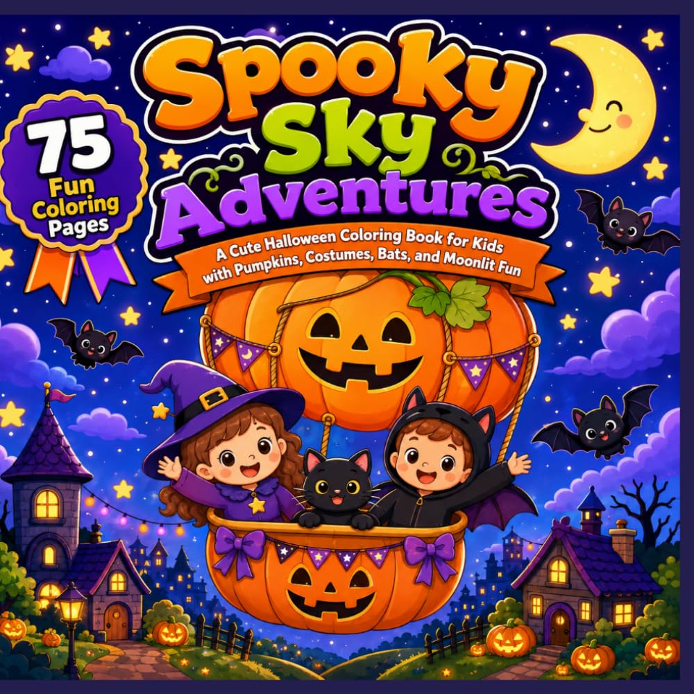Spooky Sky Adventures: A Cute Halloween Coloring Book for Kids with Pumpkins, Costumes, Bats, and Moonlit Fun