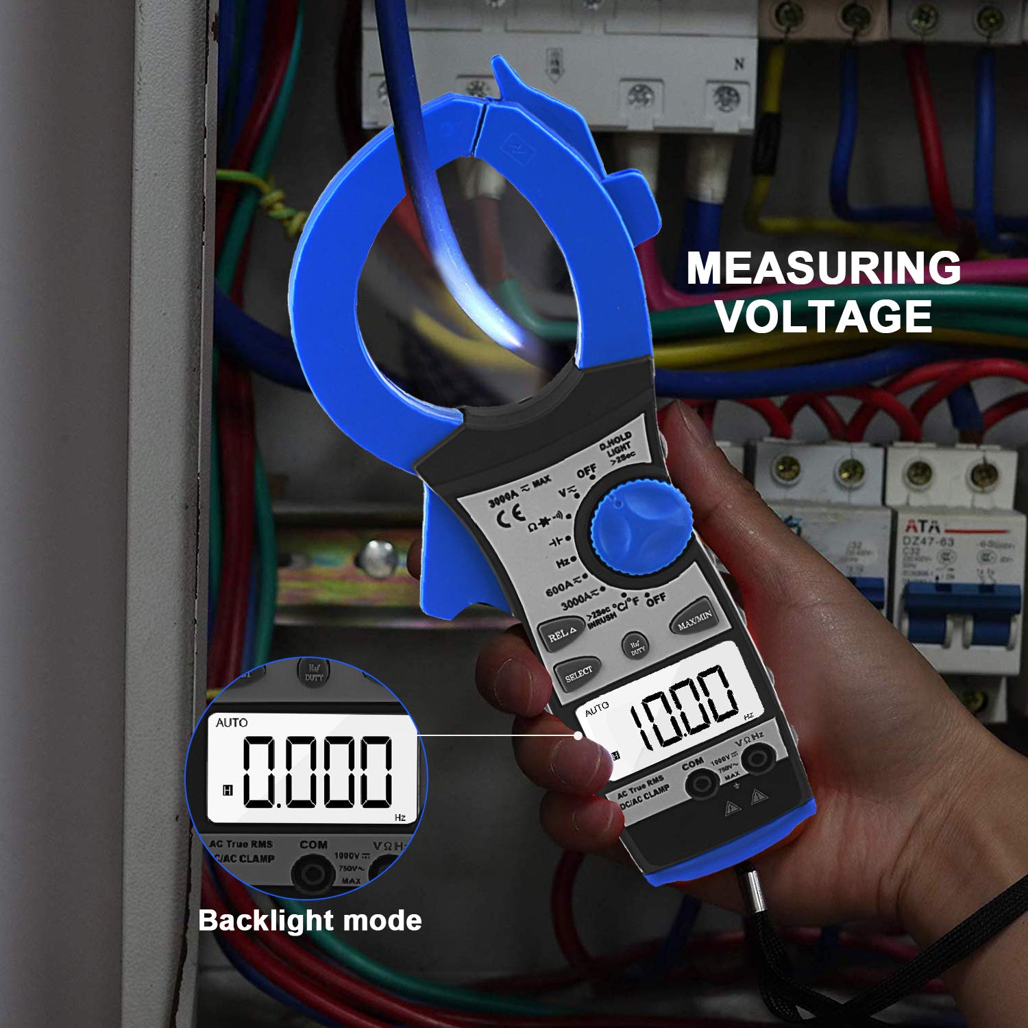 BTMETER BT-860N measuring voltage in an electrical panel with backlight on