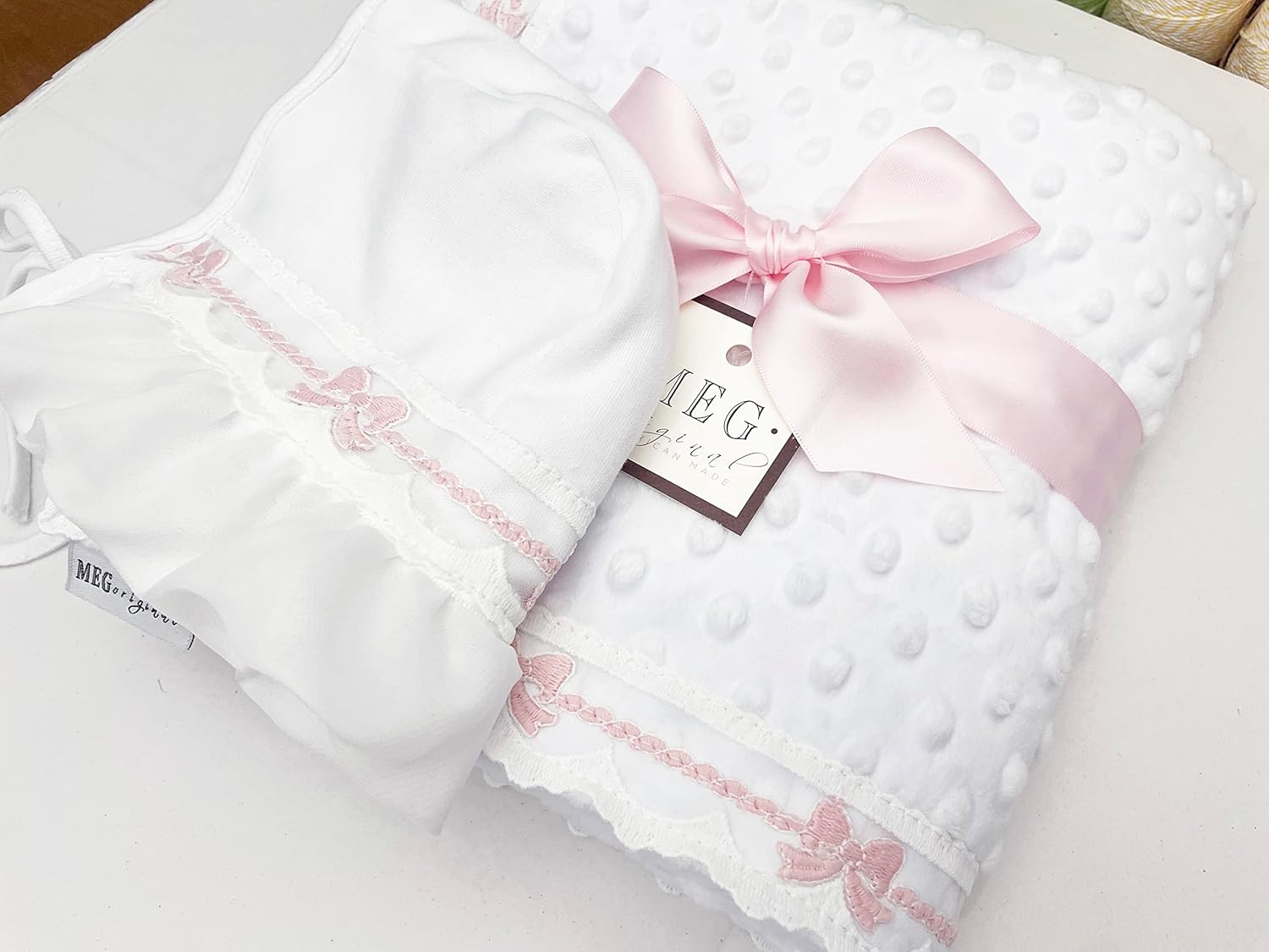 MEG ORIGINAL Baby Girl Blanket & Bonnet Gift Set- Heirloom Collection - White with Pink Bows, Super Soft Minky, Handmade in The USA, Newborn Photo