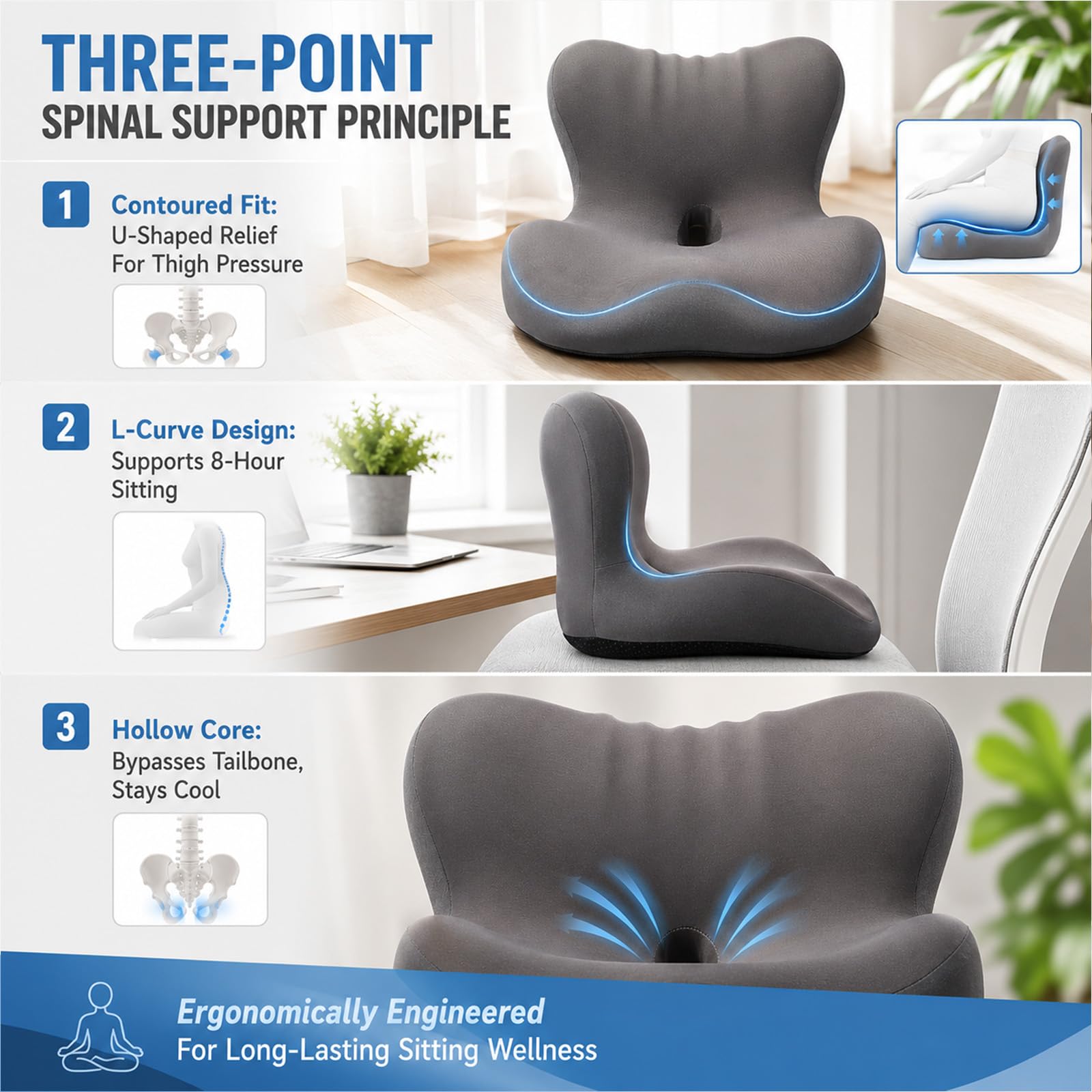 Cojín ortopédico con respaldo, cojín ergonómico de espuma viscoelástica, cojín de asiento con cavidad de coxis para silla de oficina y coche con soporte lumbar, cojín para silla de asiento largo