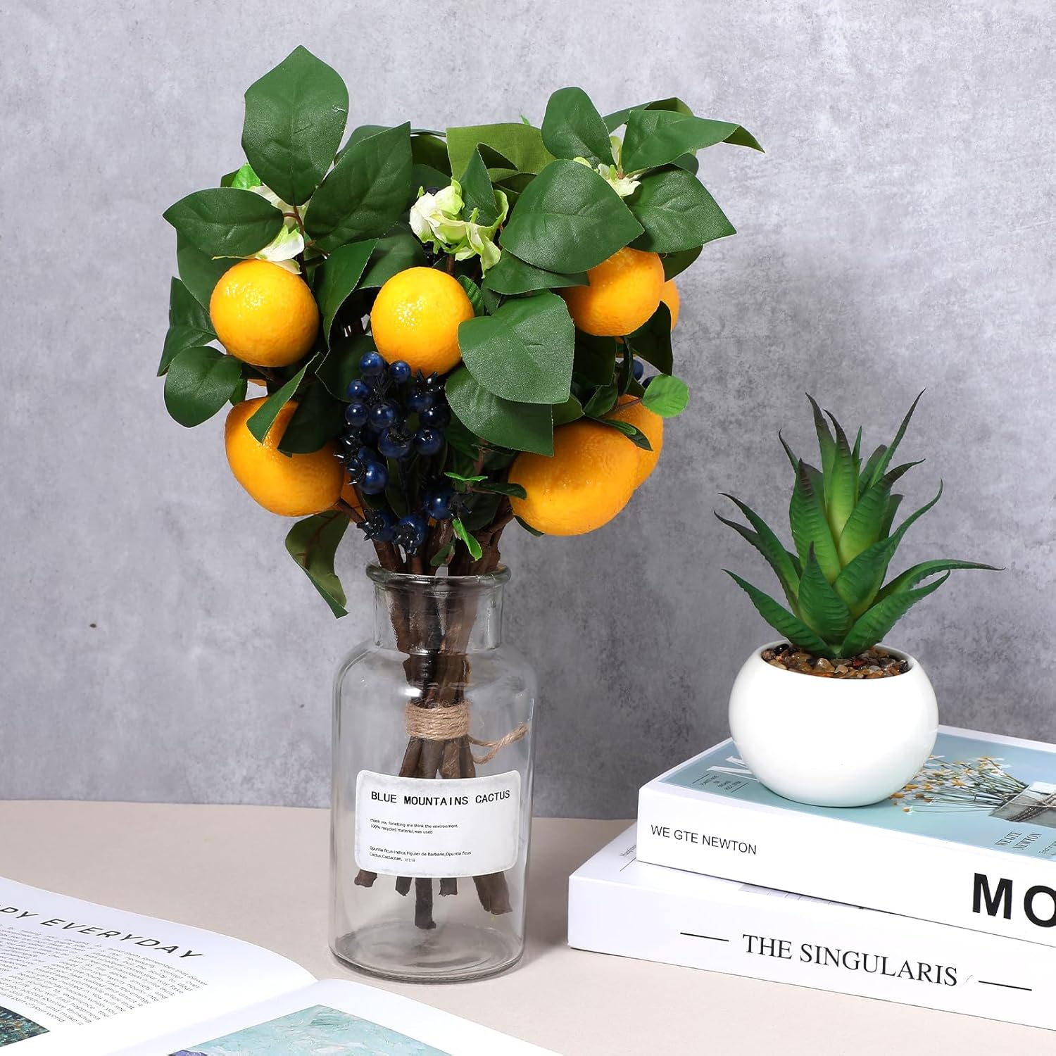 6Pcs Artificial Lemon Blueberry Branches with Eucalyptus Leaves 12 Inch Summer Kitchen Table Decor for Vase Centerpiece Home and Wedding