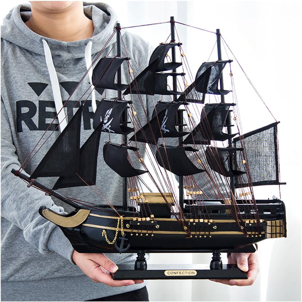 YLME Handgefertigtes Segelboot Modell Aus Holz 48 cm Großes, Schwarz-Goldenes Großsegler-Modell Nautische Dekoration Keine Montage Erforderlich Geschichtsbegeisterte