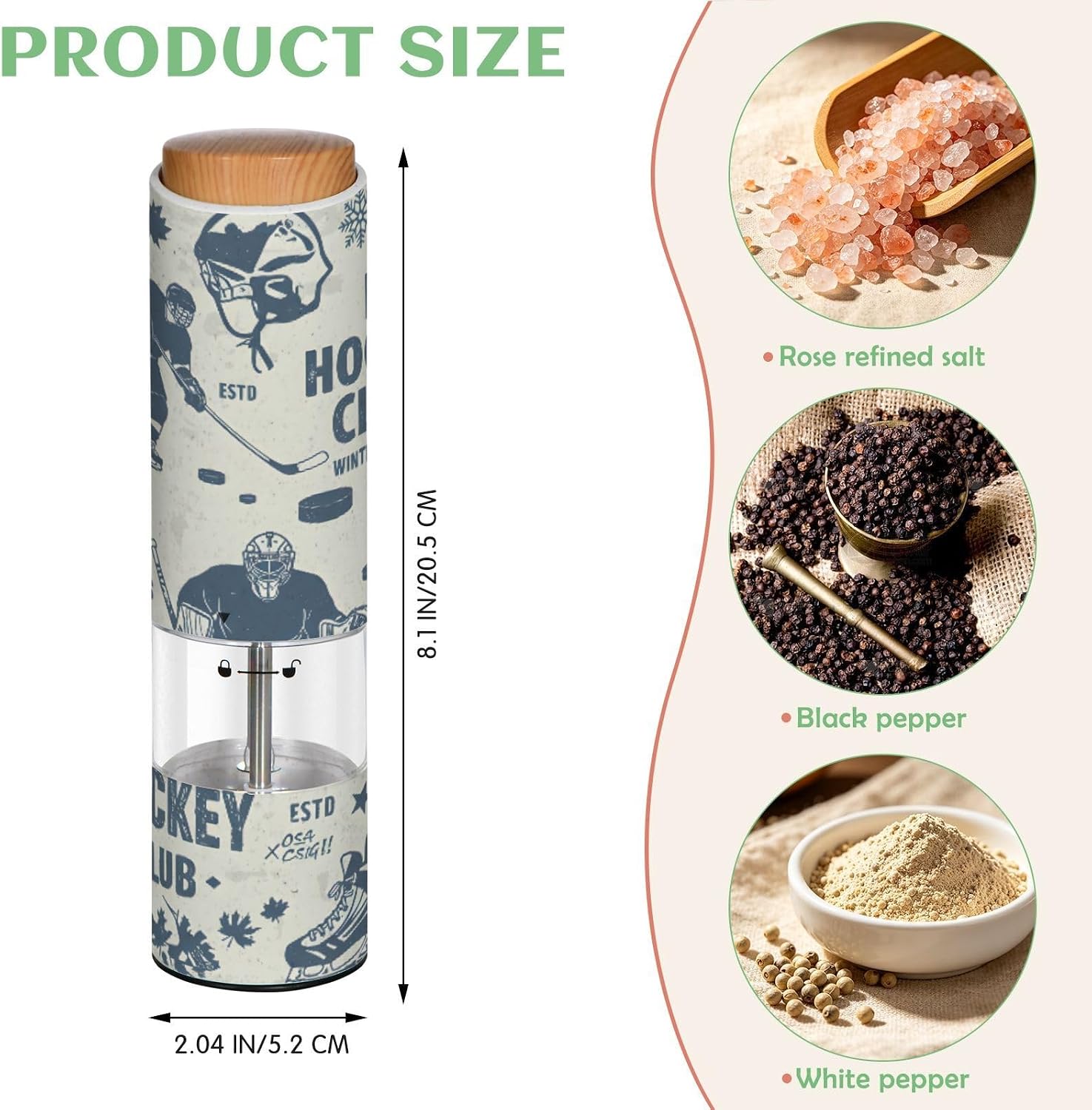 ALAZA Electric Pepper Grinder with Adjustable Coarseness, Vintage Hockey Player Battery Automatic Salt and Pepper Mill with Led, One-Handed Operation Spice Grinder for Kitchen, Camping & BBQ