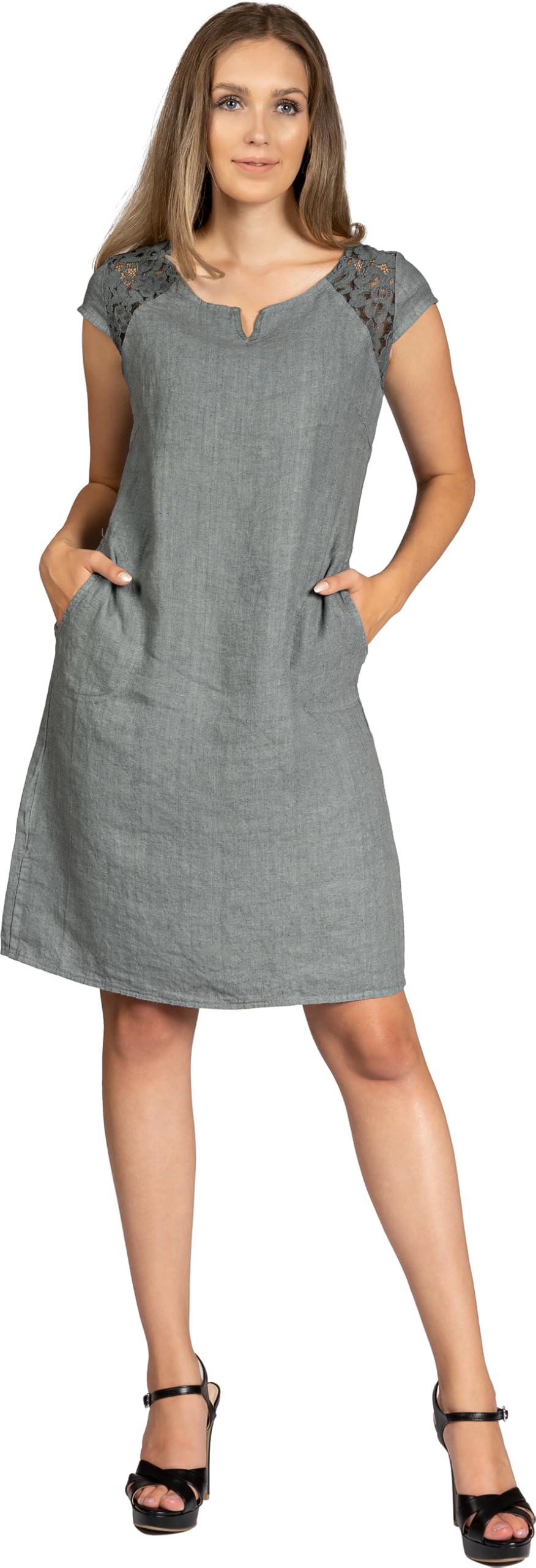 Caspar SKL042 Damen Sommer Leinenkleid mit dezentem Spitzeneinsatz