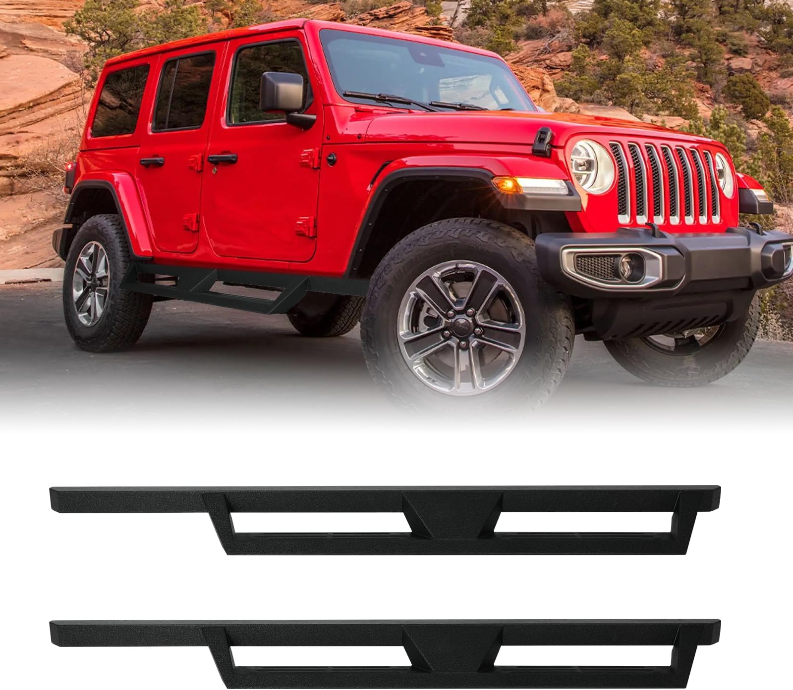 Side Steps Running Boards Compatible with 2018-2024 Wrangler JL JLS 4 Doors, Two-Stair Layout Black Fine Texture Powder Coated Rock Sliders (Exclude JK Model)