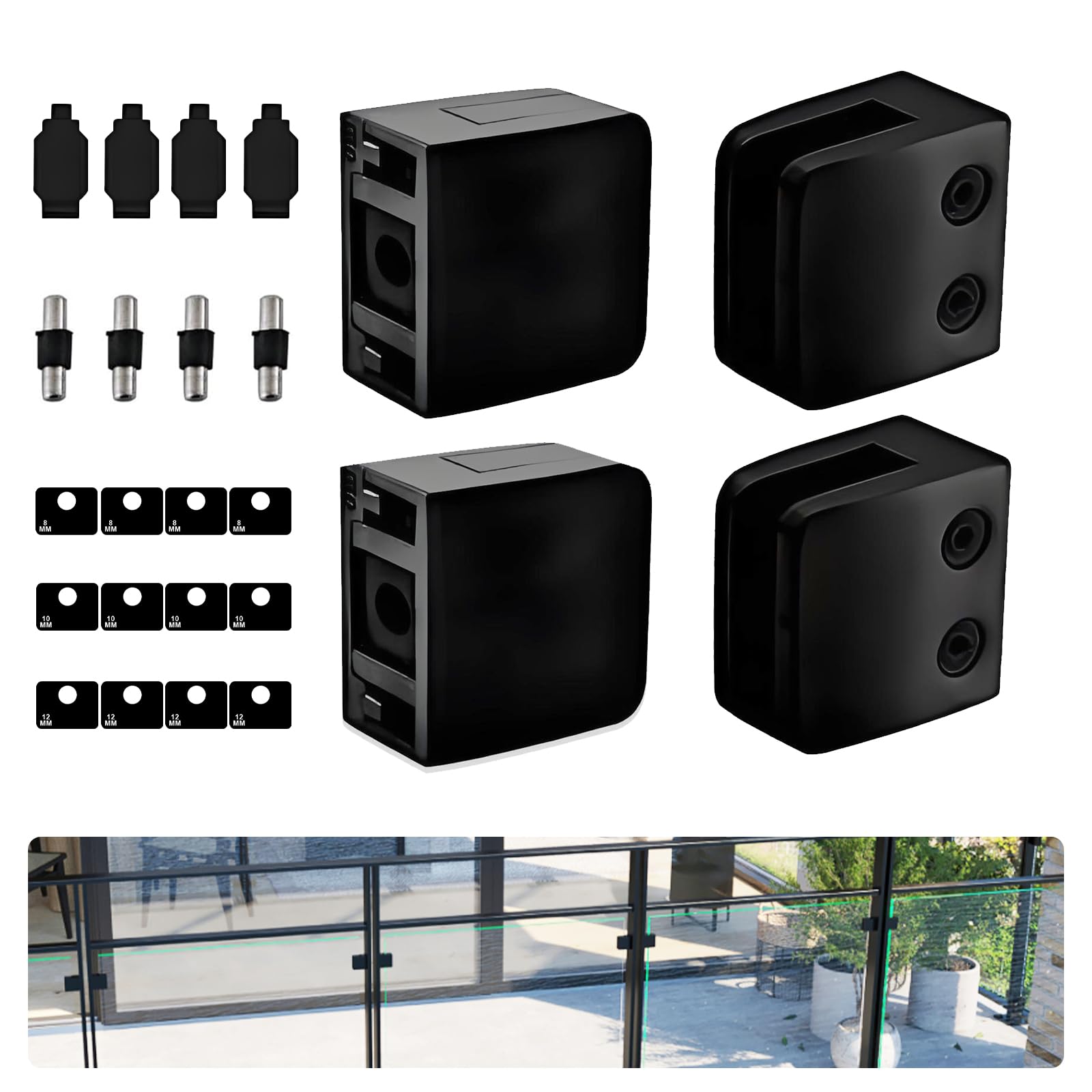Glass Clamp - 4PCS Bracket for 1/3"-1/2" Tempered Glass, Stainless Steel 304 Flat Back Square Clip for Balustrade, Staircase, Handrail, Holder Metal Casting Black