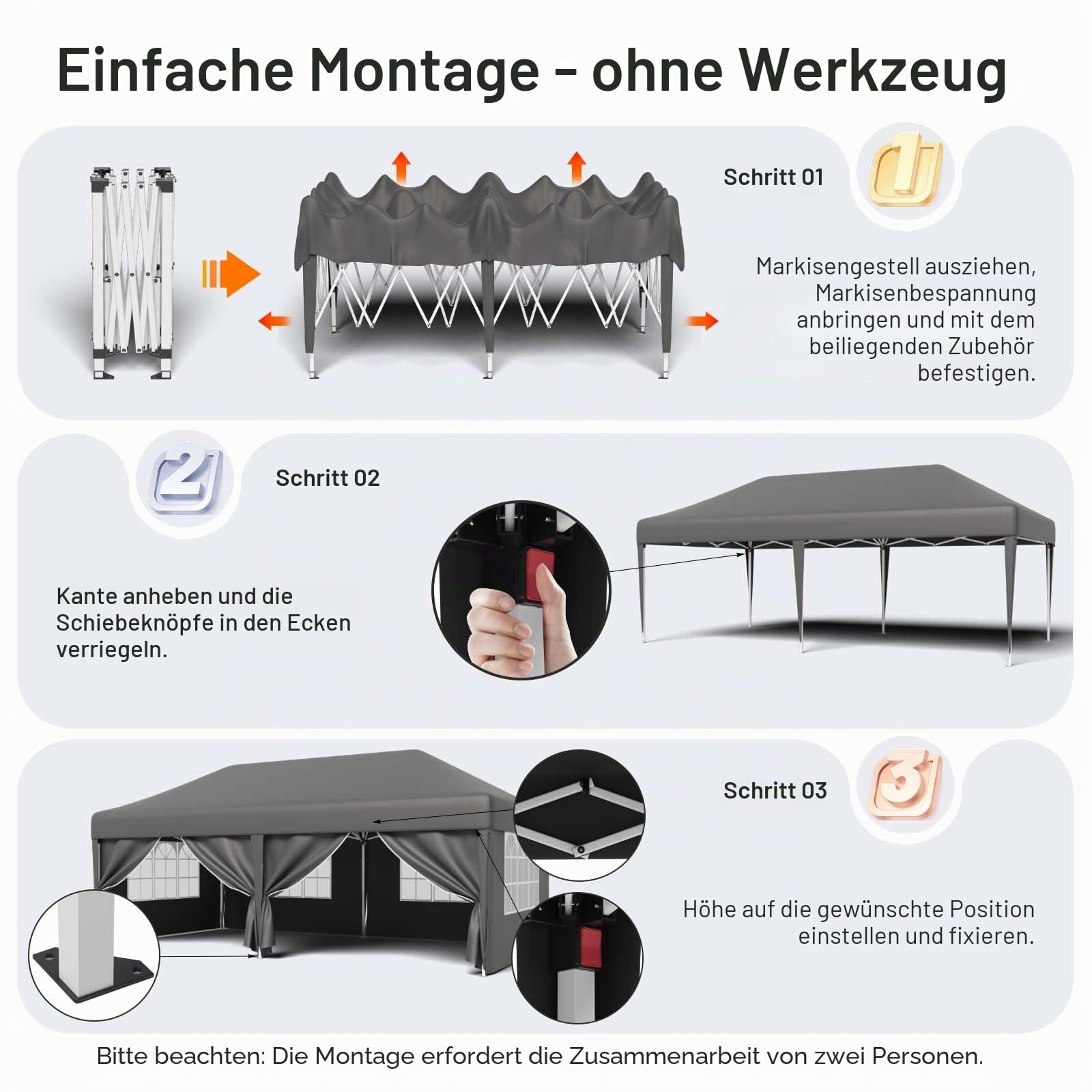 TRIUMPHKEY Pavillon 3x6 UV-Schutz 50+, Faltpavillon 3x6 Wasserdicht Stabil mit 6 Seitenwänden, Partyzelt mit Tragetasche, Höhenverstellbarer Gartenpavillon Für den Außeneinsatz Geeignet, Grau