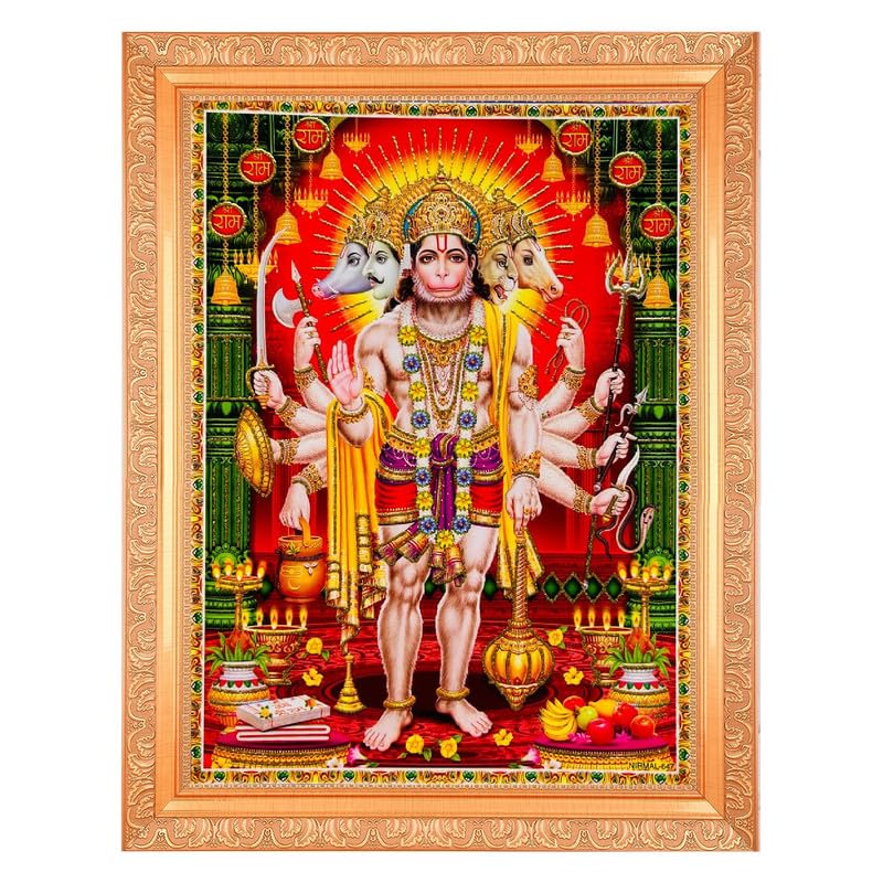 Panchmukhi Hanumanji photo dorée avec cadre élégant de 28x36 cm