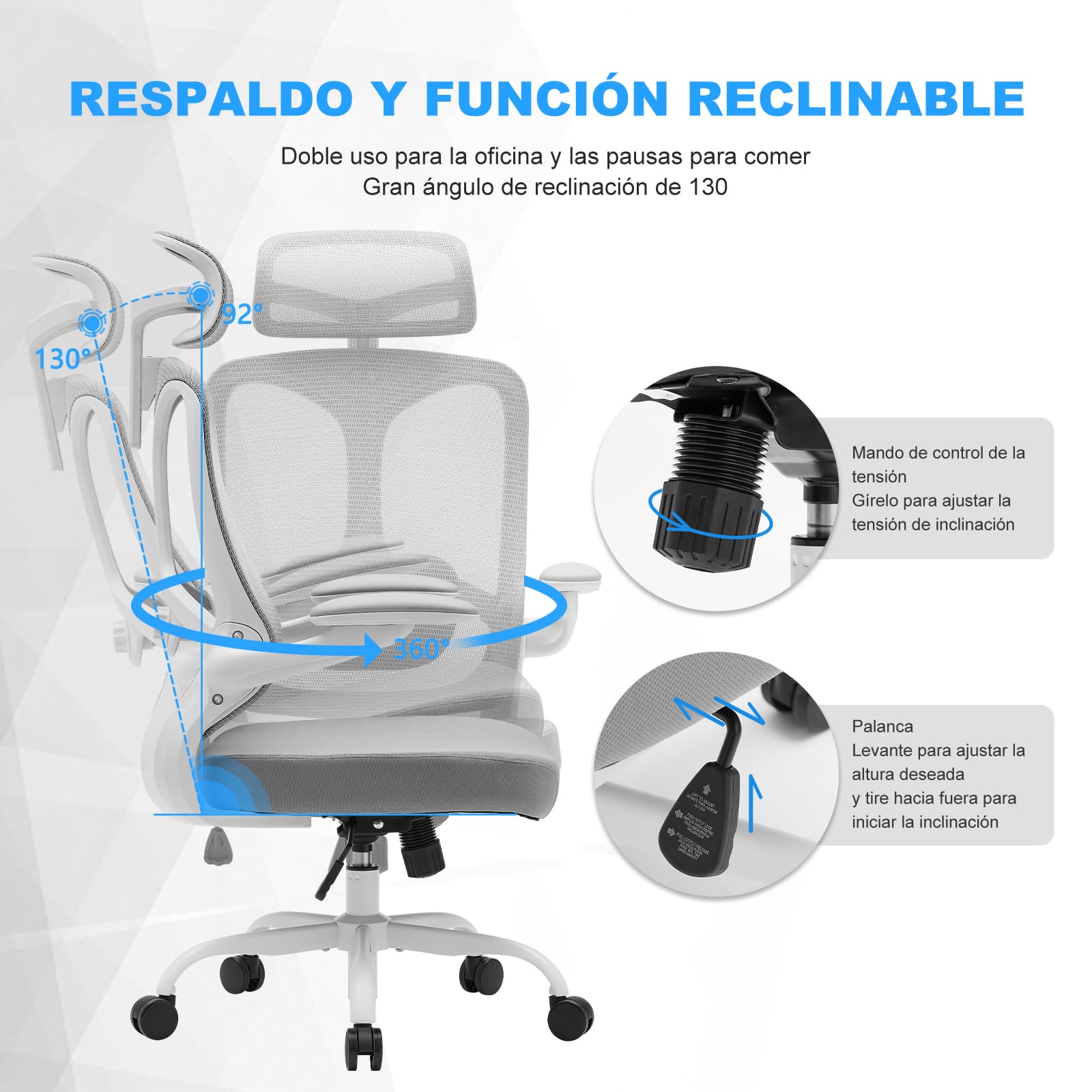 Magic Life Silla de Oficina Ergonómica, Silla de Escritorio con Reposacabezas Ajustable para Oficina en Casa, Silla Giratoria de Malla Ajustable (Blanco)