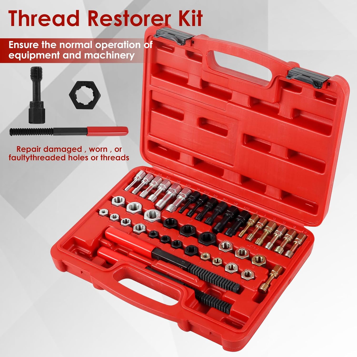 15/42Pcs Thread Restorer Kit Carbon Steel Car Rethreading Repair Tool Set UNC/UNF/Metric Thread Chaser Repair Kit with Storage Case Thread Files Taps and Dies Set for Car Repair(Red 2)