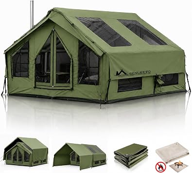 SENLEETO 8/10/12 Person Large Inflatable Tents for Camping, 4 Season Blow Up Tents with Canopy/Rainfly, Luxury Inflatable Tent House with Stove Jack, Easy Setup Inflatable Camping Tent.