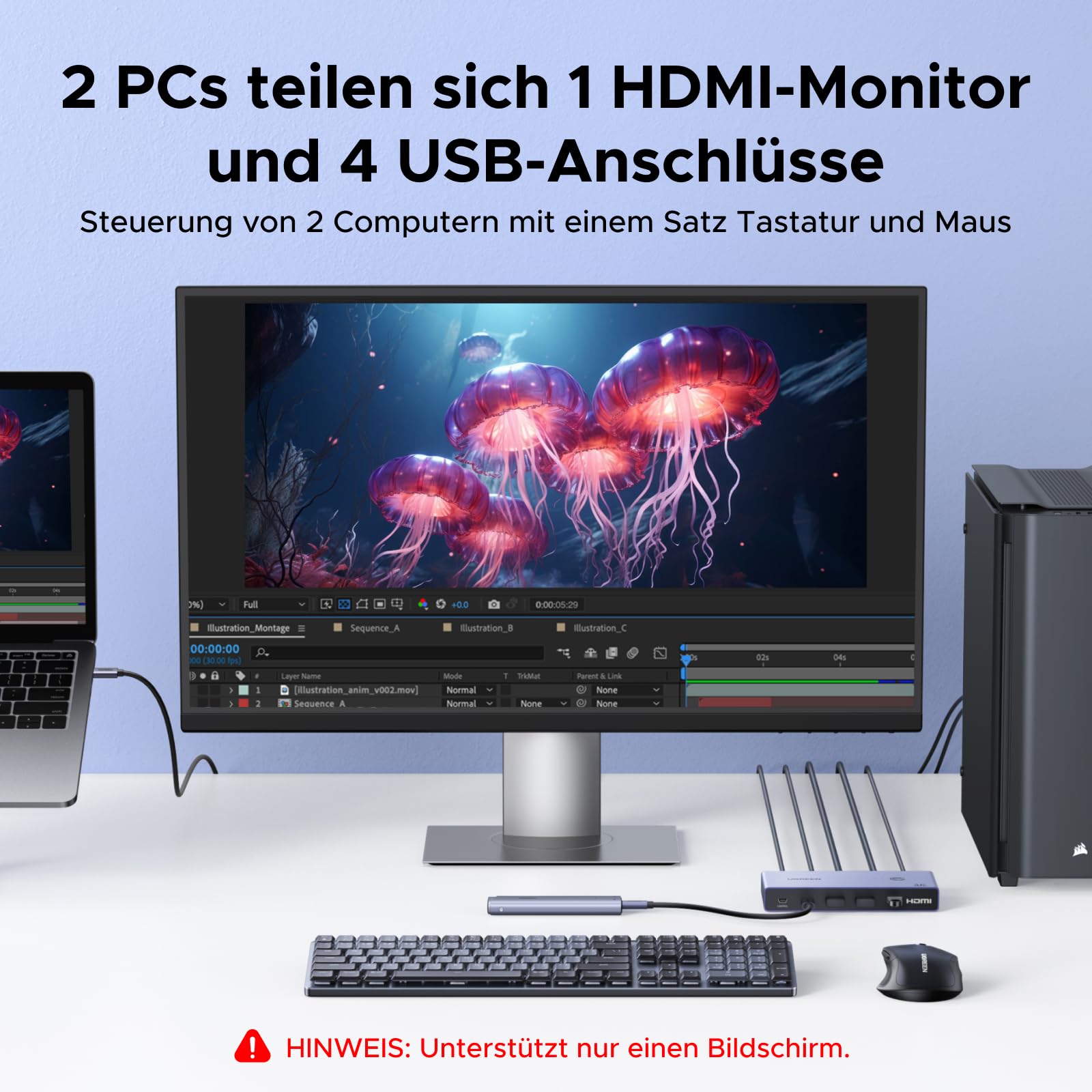 UGREEN USB C KVM Switch 4K60Hz 2 PC 1 Monitor Unterstützt EDID Verwaltung KVM Umschalter 2 In 1 Out mit 4 USB 3.0 Ports für Maus, Tastatur, Tragbare Festplatte, USB-Stick usw.