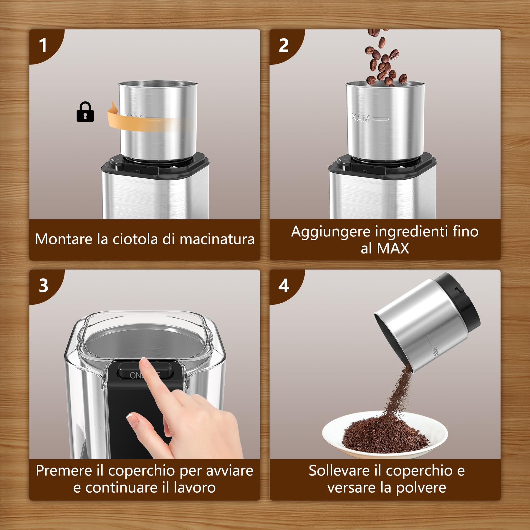 QEXREED Macina Caffe' Elettrico 150W, Macinacaffè Elettrico con Contenitori Rimovibili in acciaio inossidabile, 60g Capacità, per Chicchi di Caffè, Spezie, Cereali, Pepe, Noci