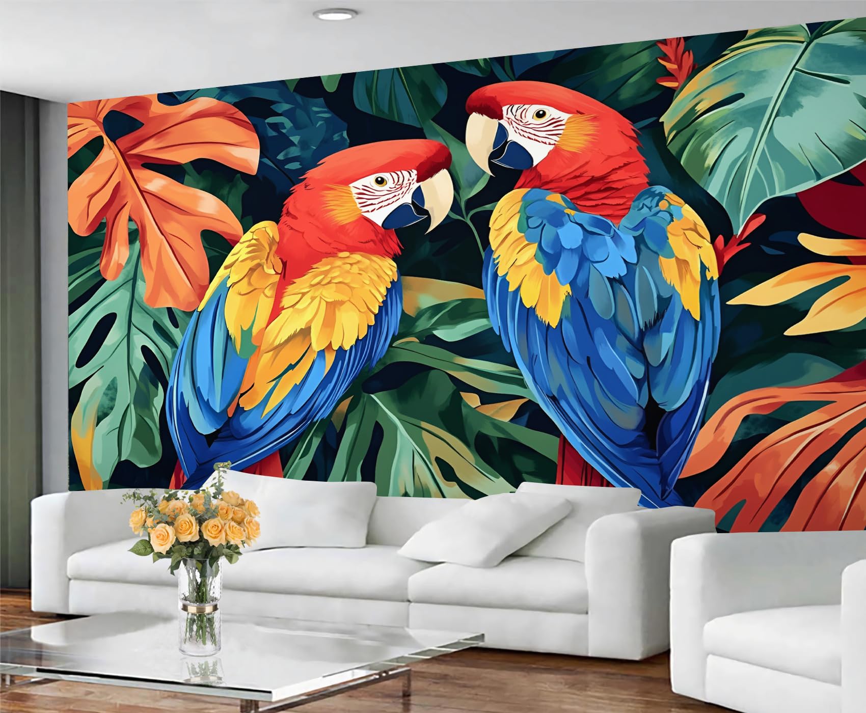 GIVLWF Wallpaper - Parrot Home Decor & Mural, Self Adhesive Wallpaper for Living Room, Watercolor Tropical Wall Mural, Botanical Birds Bedroom Wall Paper, Peel and Stick — image 1
