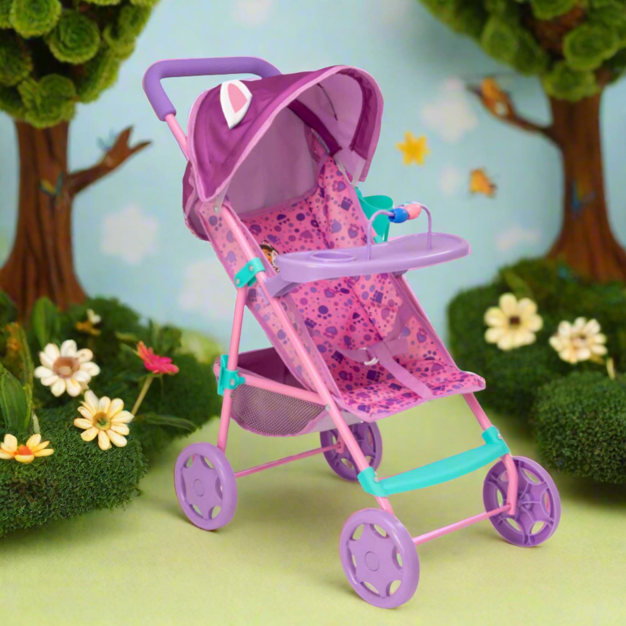 Gabby's Dollhouse Passeggino per bambole rosa e viola | Con vassoio da gioco rimovibile | Passeggino pieghevole per giochi di ruolo | Passeggino per bambole per bambini dai 3 anni in su.