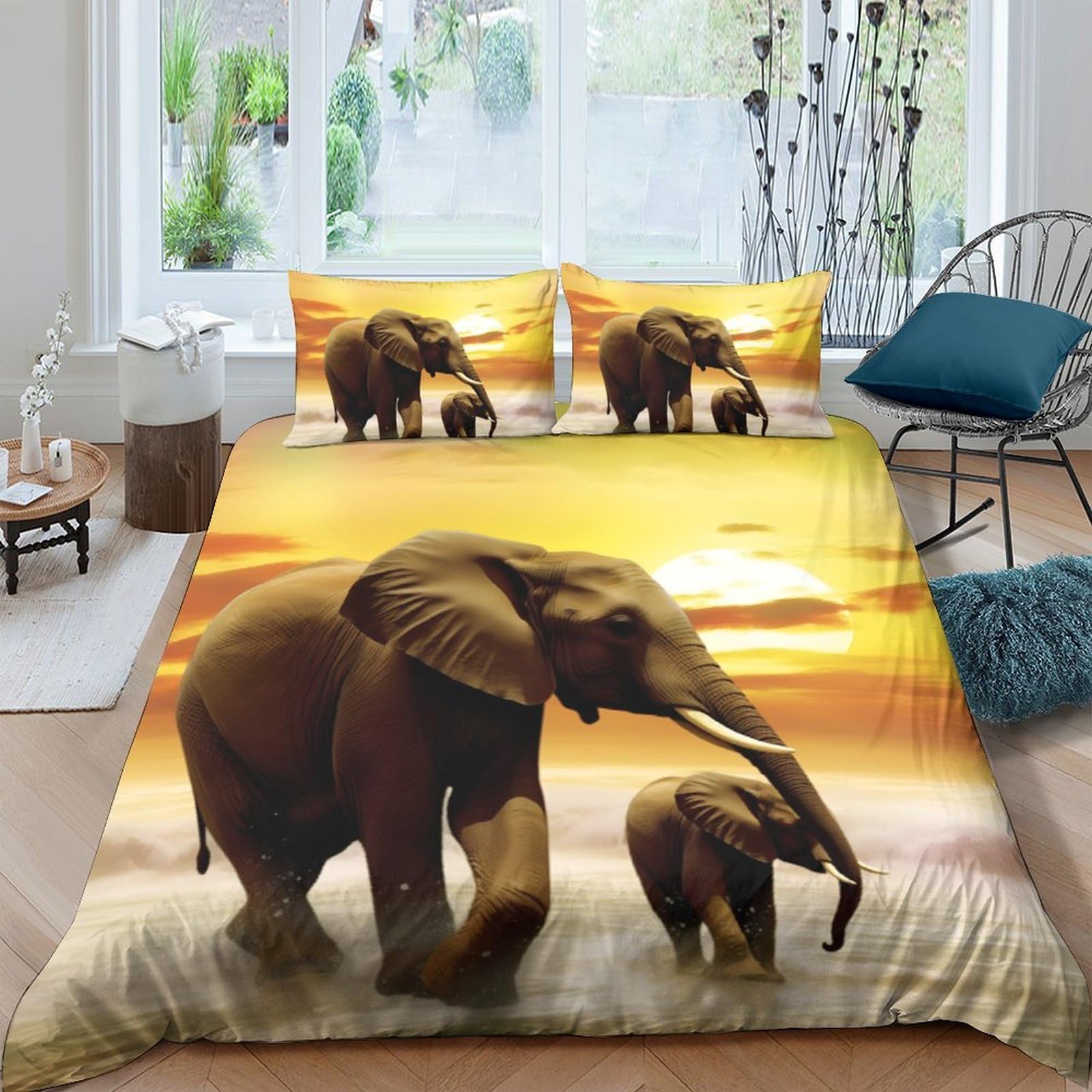 P5V6M1Q9 3D Printed Sunset Elephant Duvet Cover Microfiber Soft Breathable Safari Animal Bedding Set with 2 Pillowcases for Bedroom Decor, Single（135x200cm）