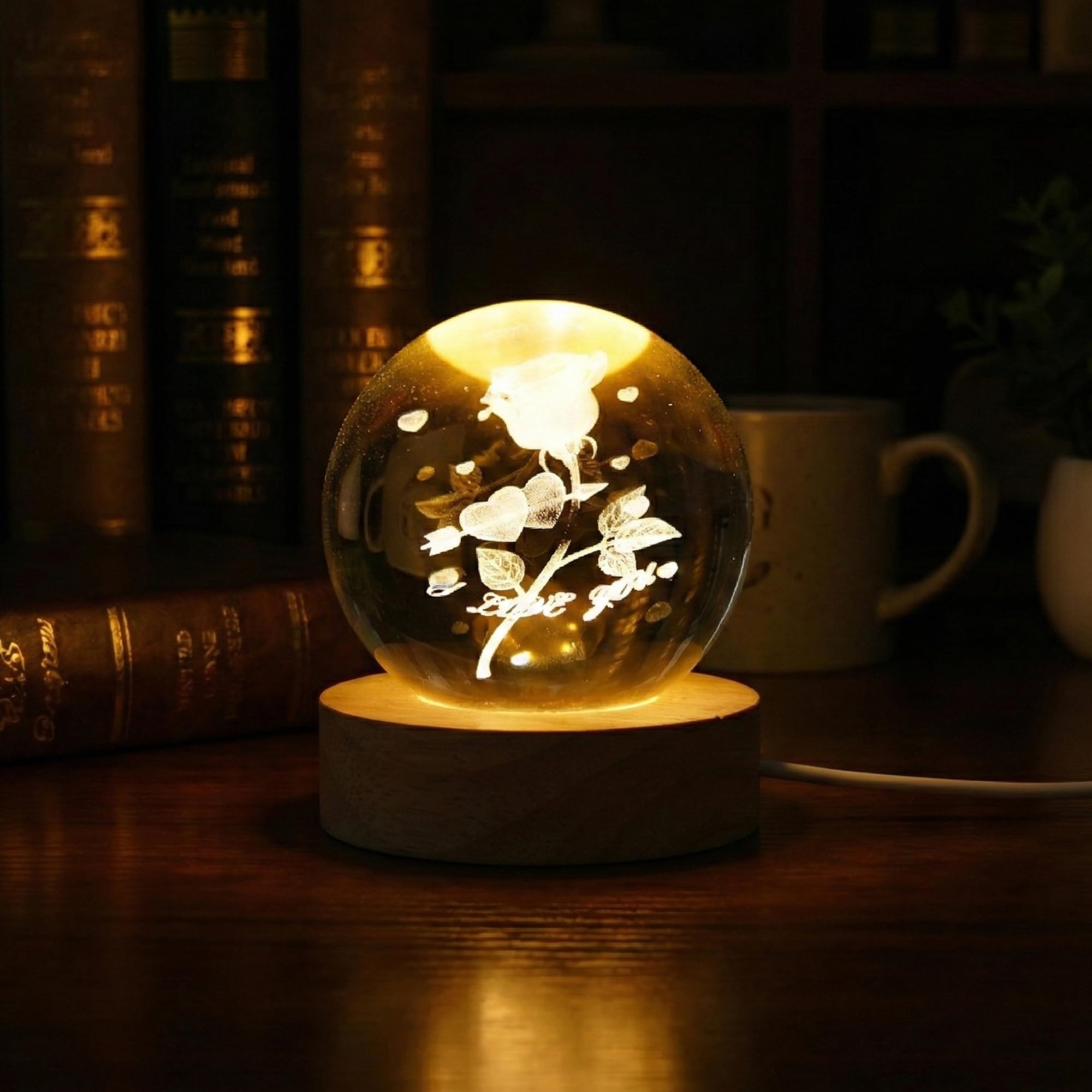 eCraftIndia I Love You Rose Galaxy Transparent Crystal Ball Night Lamp with Wooden Base Showpiece Table Lamp for Home Decor Bedroom Living Room TV Unit Romantic Gift for Valentine Day Anniversary 4