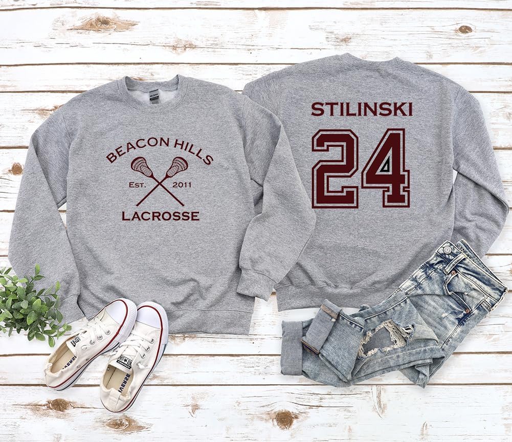 Studio 9Thirty3 Adult Stilinski Beacon Hills Lacrosse Sweatshirt – Two-Sided Crewneck Pullover, Retro Spirit Wear