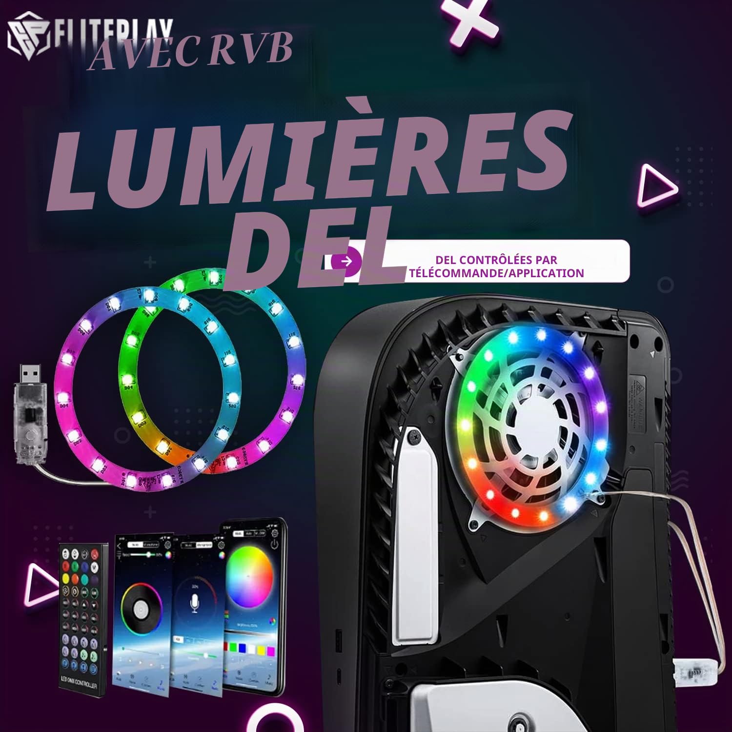 ElitePlay Façade noire PS5 avec lumières LED et grille d'aération de rechange pour Playstation 5 Disc Edition
