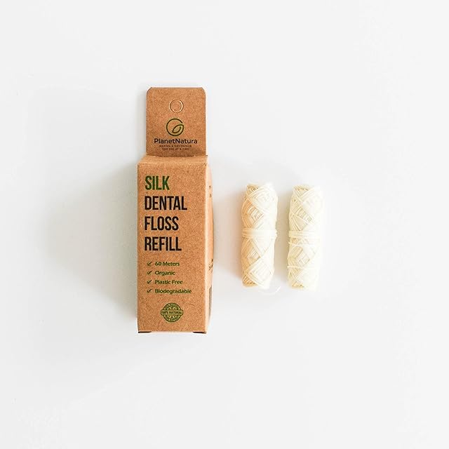 PlanetNatura Mint Flavoured Natural Silk Dental Floss - 100% Eco-Friendly Plastic Free Biodegradable Floss Refill - 60 Meters Organic Dental Floss