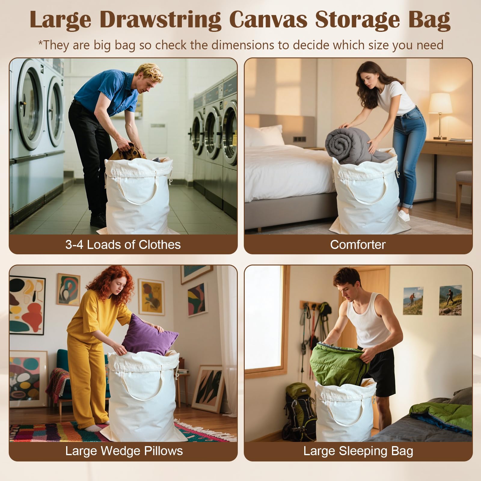 Bolsa de lavandería de lona, extra grande, resistente, 83 cm de ancho x 89 cm de alto, beige, paquete de 2