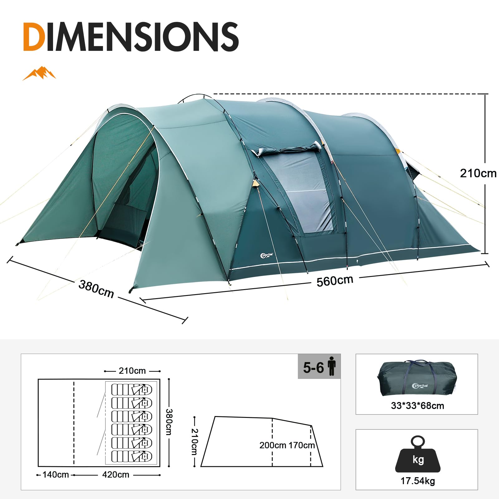Portal tente tunnel étanche 3000 mm pour 6 personnes - 2 cabines de couchage - Haute - Auvent - Bac de sol - XXL