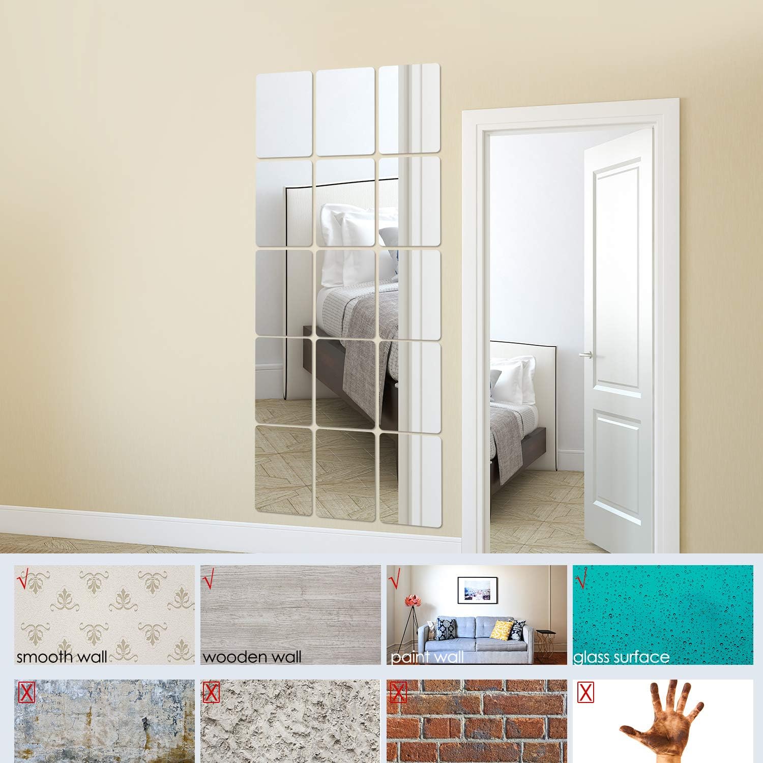 BBTO 15 Pieces Mirror Sheets Flexible Non Glass Mirror Plastic Mirror Self Adhesive Tiles Mirror Wall Stickers (8.5 x 11 Inch)