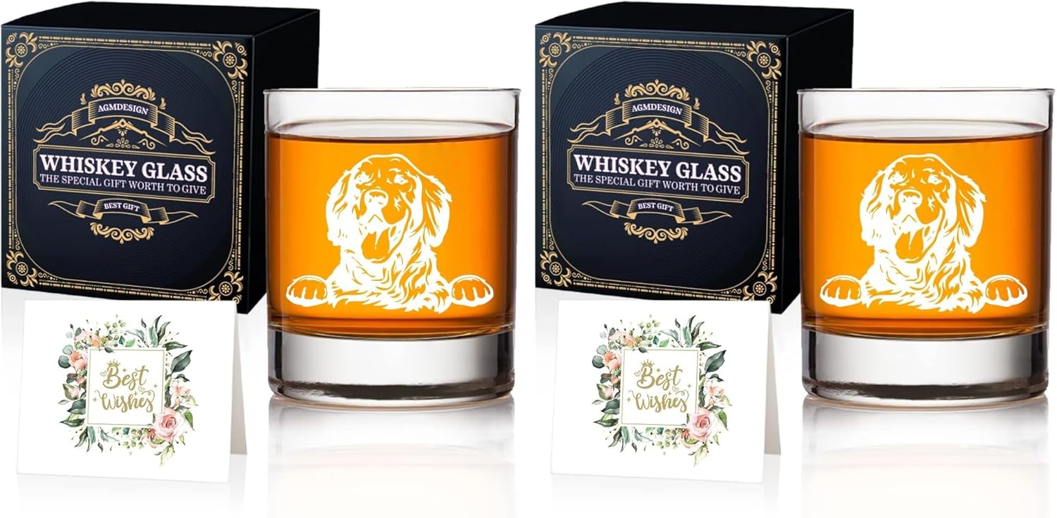 AGMDESIGN Golden Retriever Whiskey Glass Gift Box, Birthday Christmas Gifts for Men Women Dog Dad Mom Pet Parents, Mother's Day Father's Day Gifts for Golden Retriever Dog Lovers (Pack of 2)