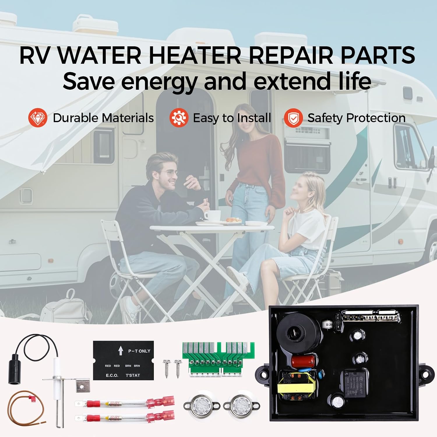 3 in 1 91365 RV Water Heater Control Circuit Board Kit,Compatible with Atwood Dometic, 91447 Thermal Cut Off & ECO Thermostat Kit, 93868 Spark Probe Igniter Electrode, Replaces 93305 91346 91226 93851